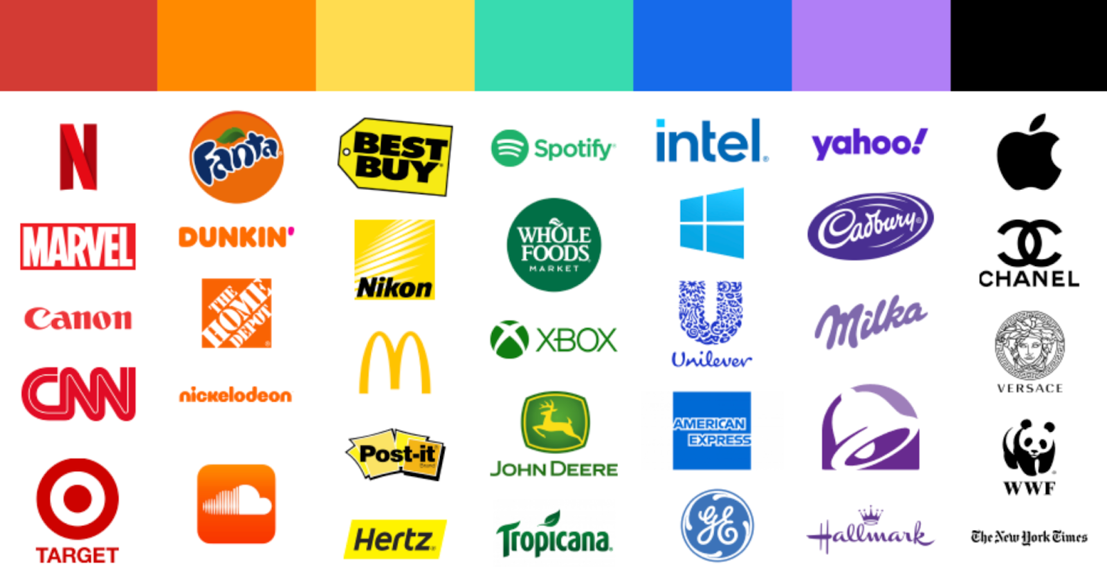 An image of the full color spectrum, with various brands that fall under each color. Example: Netflix is red; Cadbury is purple.