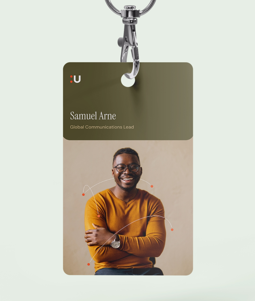 Name tag mockup for Ubiquity's new brand